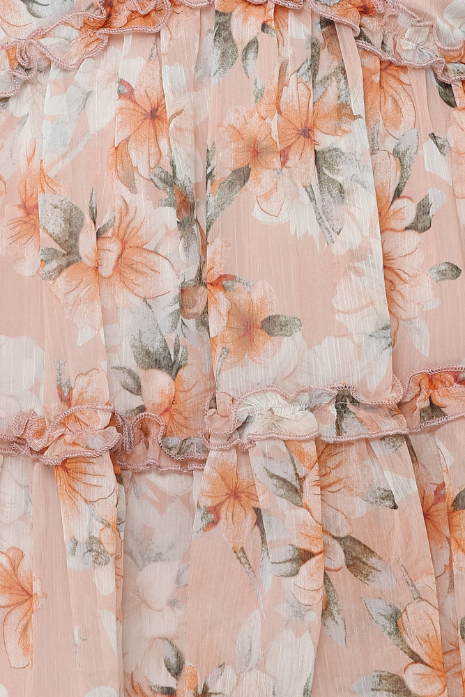 Fashion Strap Ruffle Nude Multi-Color Floral Print V-Neck Summer Dress
