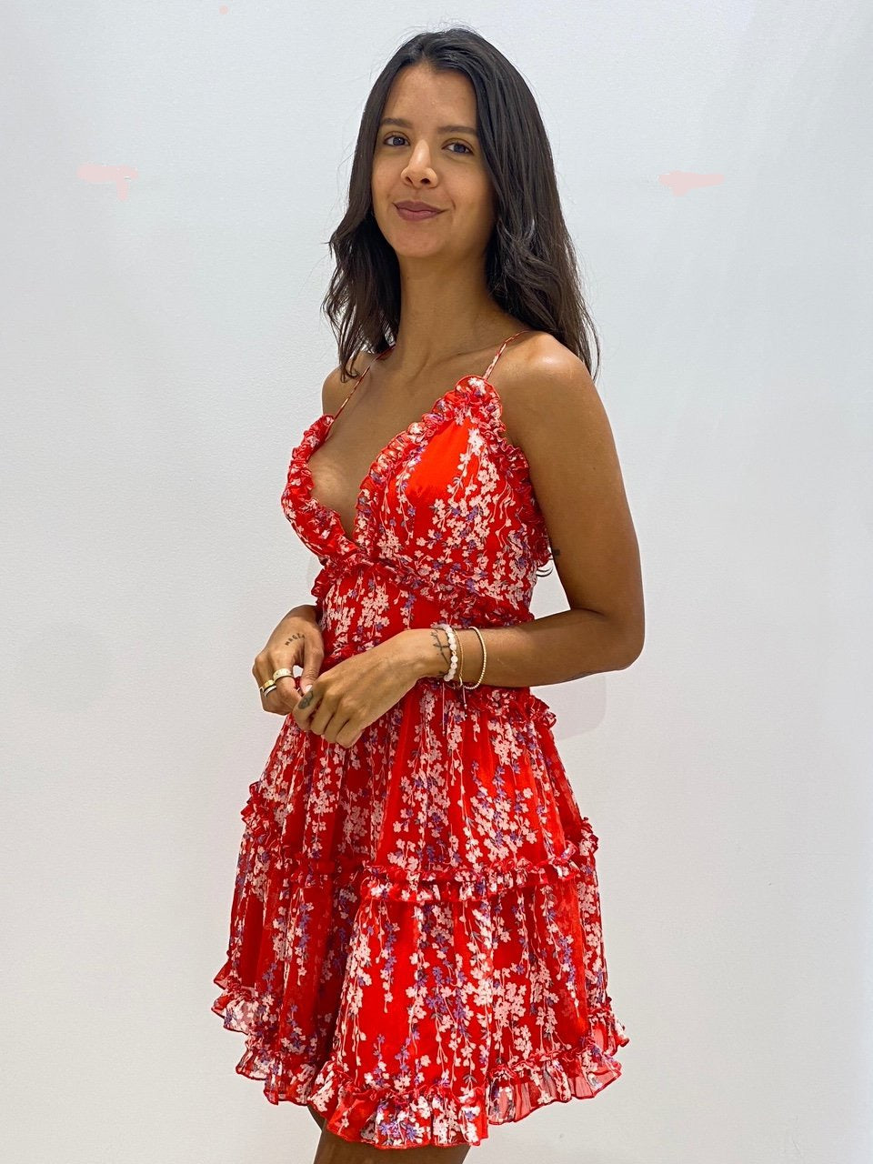 Fashion Strap Ruffle Red Multi-Color Floral Print V-Neck Summer Dress