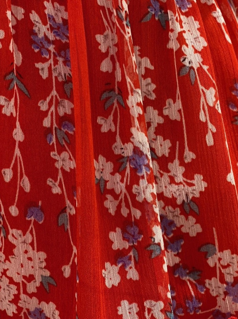 Fashion Strap Ruffle Red Multi-Color Floral Print V-Neck Summer Dress