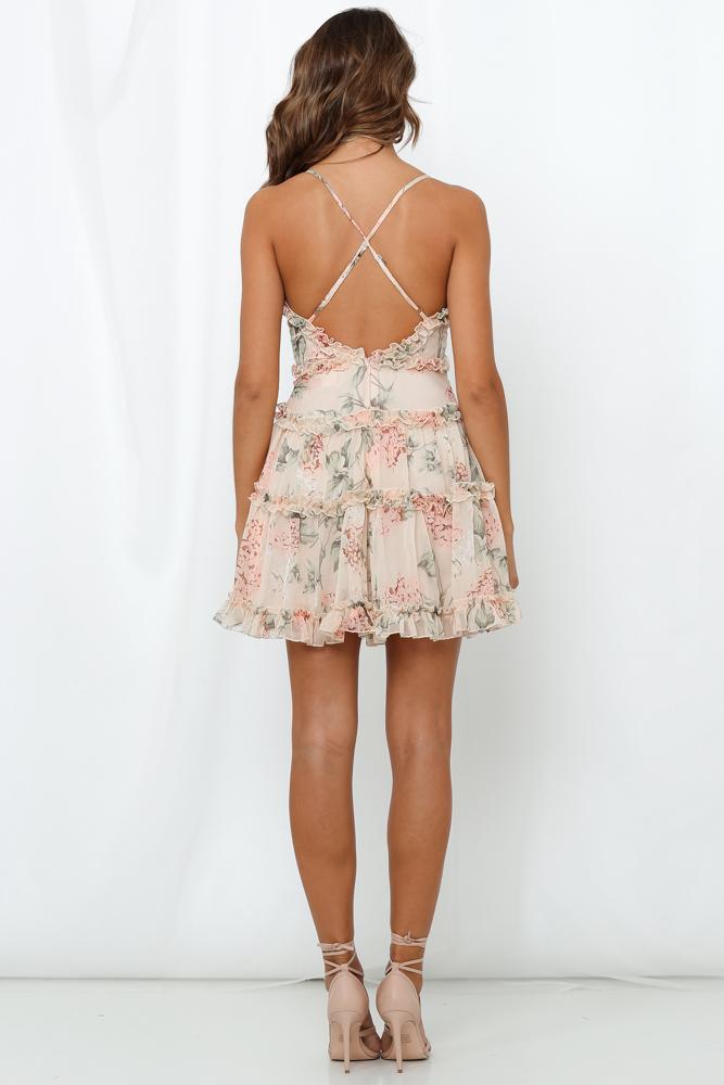 Fashion Strap Ruffle Light Nude Multi-Color Floral Print V-Neck Summer Dress