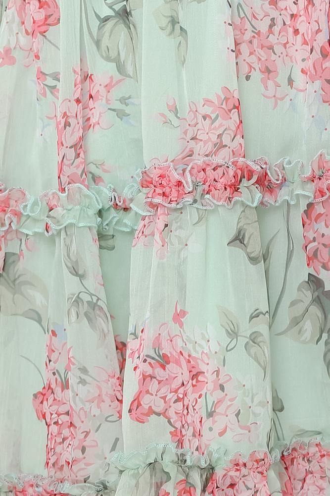Fashion Strap Ruffle Mint Pink Multi-Color Floral Print V-Neck Summer Dress