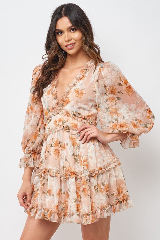 Elegant Nude Multi-Color Floral Print V-Neck Ruffle Dress