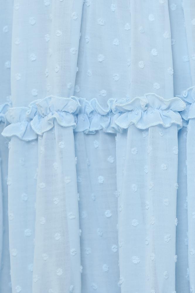 Fashion Strap Ruffle Blue Detailed Textured V-Neck Summer Dress