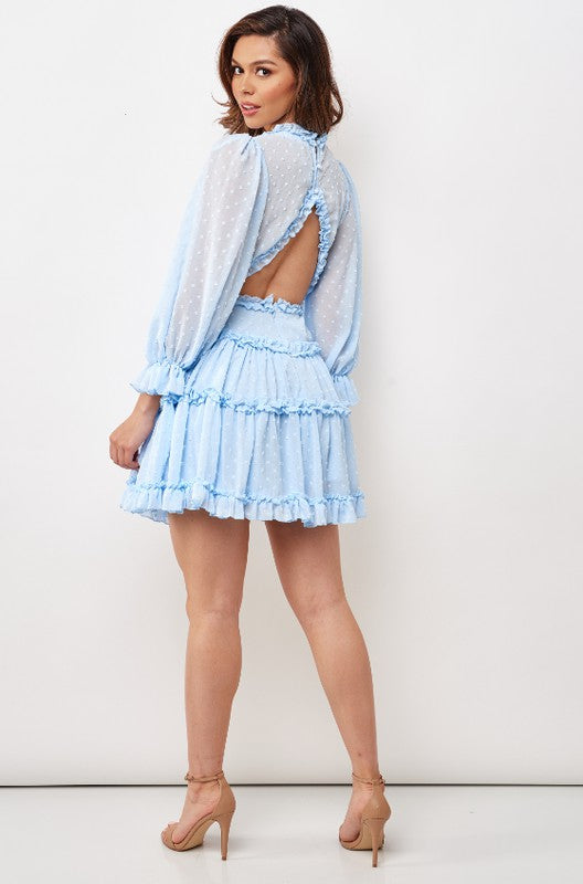 Fashion Baby Blue Detailed Textured V-Neck Ruffle Dress