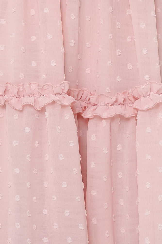 Fashion Strap Ruffle Baby Pink Detailed Textured V-Neck Summer Dress