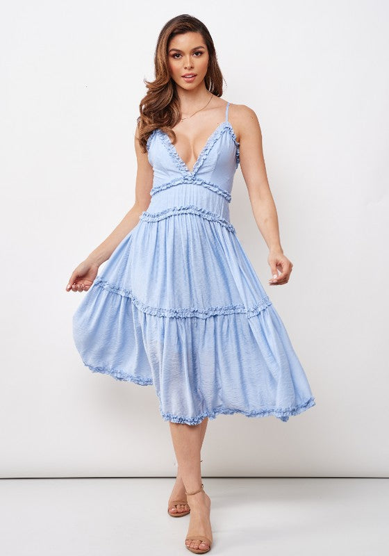 Fashion Strap Steel Blue V-Neck Ruffle Summer Dress