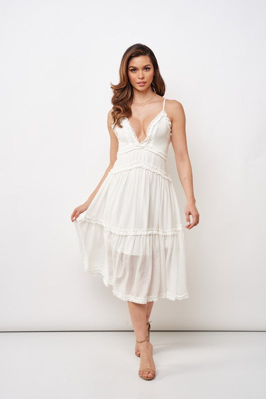 Fashion Strap White V-Neck Ruffle Summer Dress