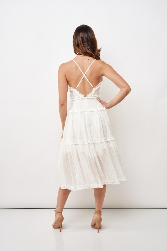 Fashion Strap White V-Neck Ruffle Summer Dress