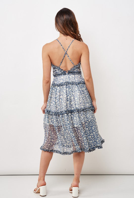 Fashion Strap Ink Blue Floral Print V-Neck Ruffle Summer Dress