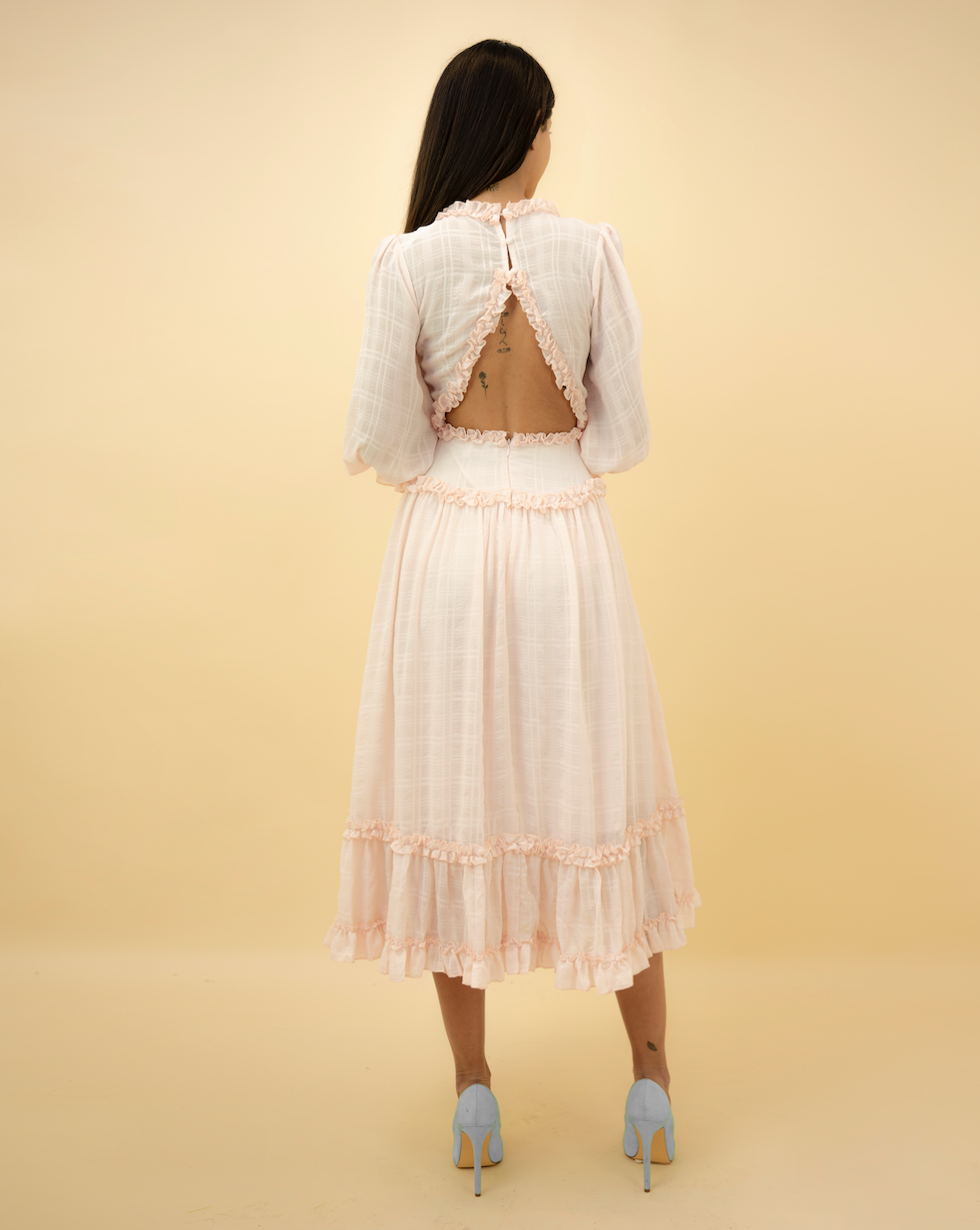 Fashion Beige Detailed Print V-Neck Ruffle Maxi Dress