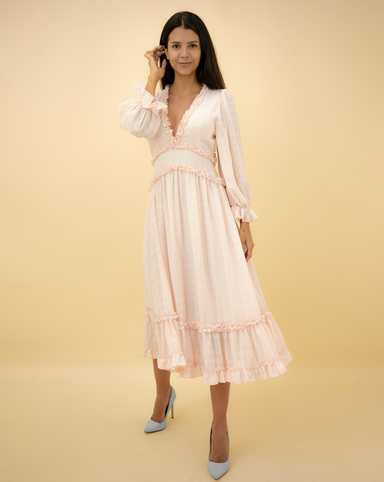 Fashion Beige Detailed Print V-Neck Ruffle Maxi Dress