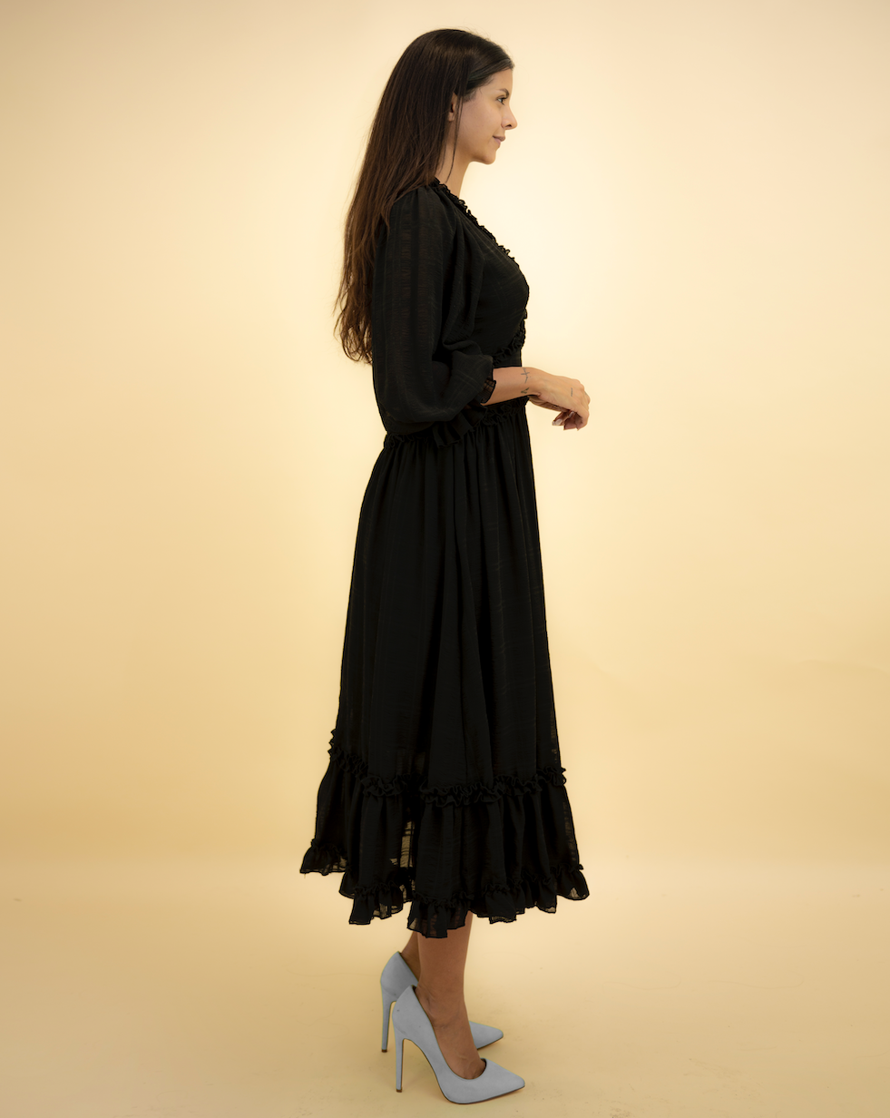 Fashion Black Detailed Print V-Neck Ruffle Maxi Dress