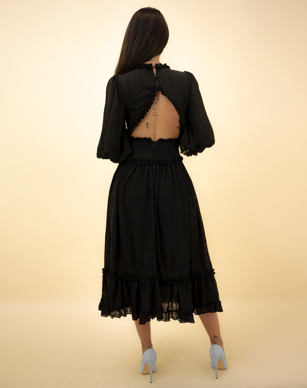 Fashion Black Detailed Print V-Neck Ruffle Maxi Dress