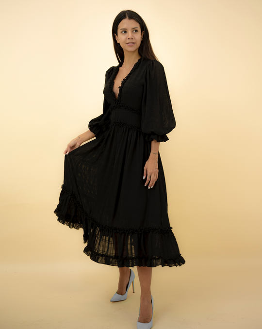 Fashion Black Detailed Print V-Neck Ruffle Maxi Dress
