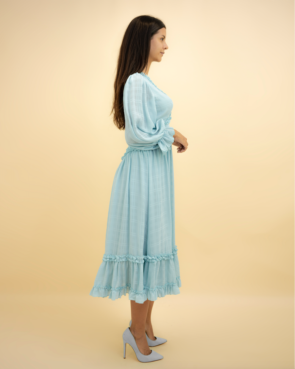 Fashion Light Blue Detailed Print V-Neck Ruffle Maxi Dress