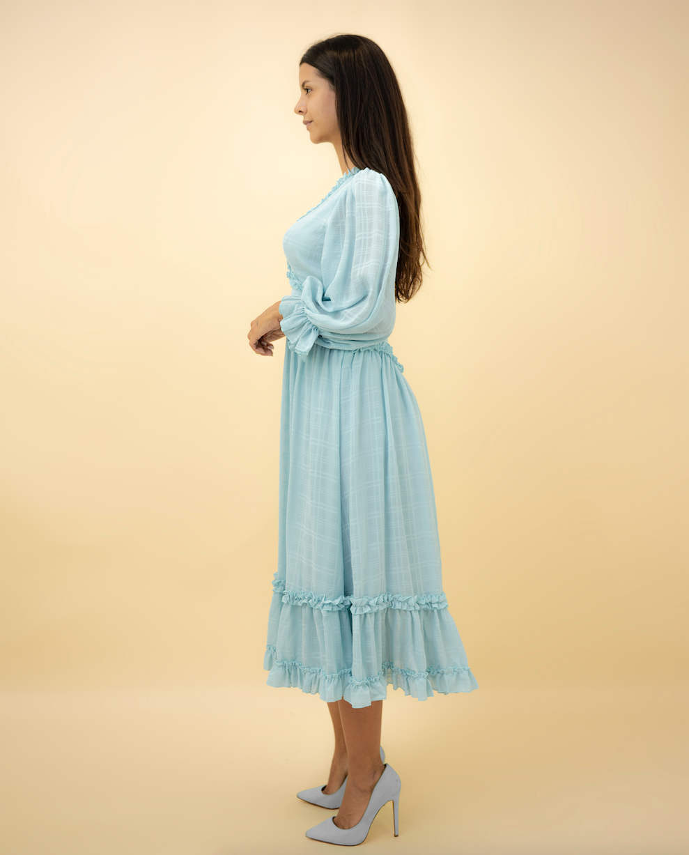 Fashion Light Blue Detailed Print V-Neck Ruffle Maxi Dress