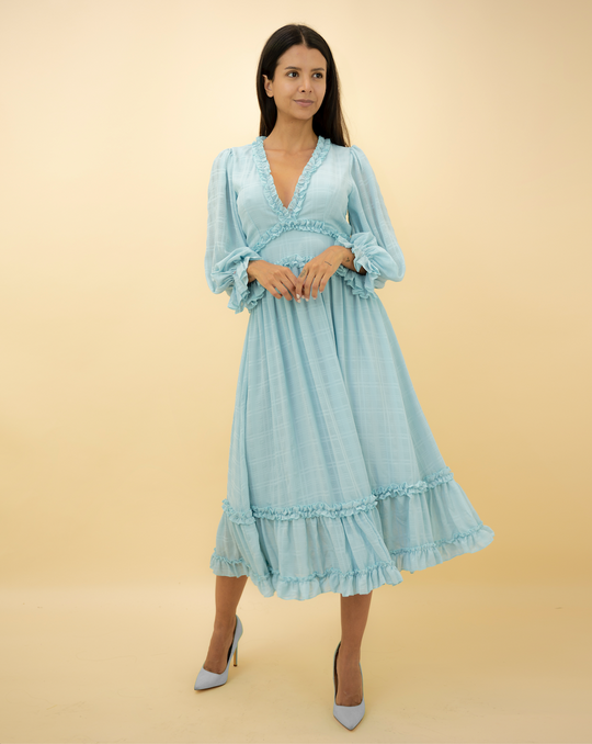 Fashion Light Blue Detailed Print V-Neck Ruffle Maxi Dress