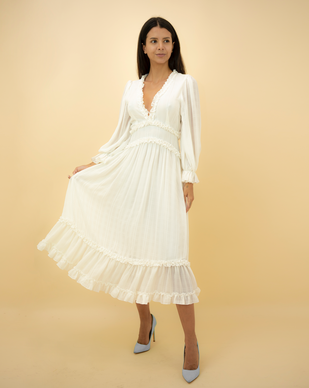 Fashion White Detailed Print V-Neck Ruffle Maxi Dress