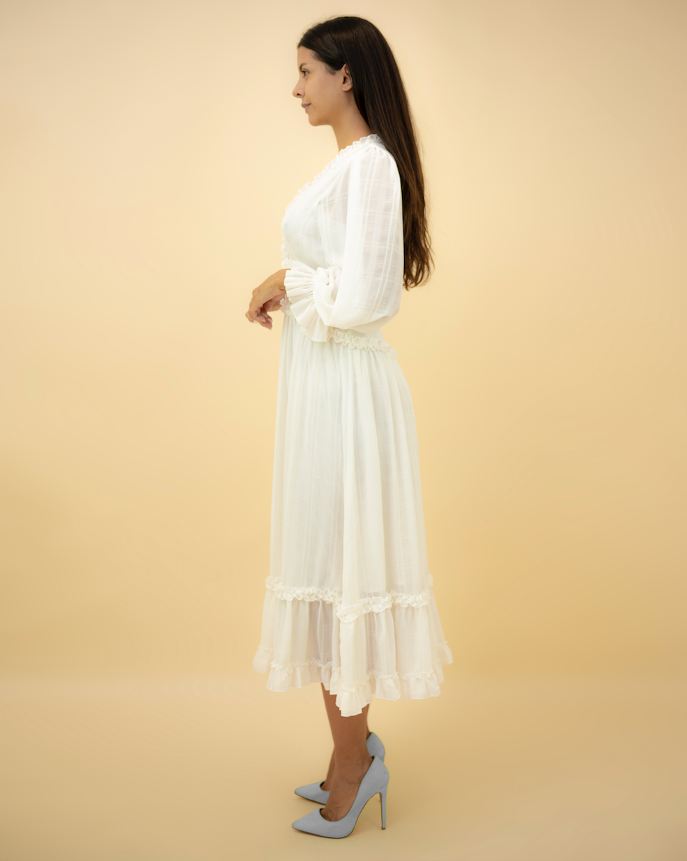 Fashion White Detailed Print V-Neck Ruffle Maxi Dress