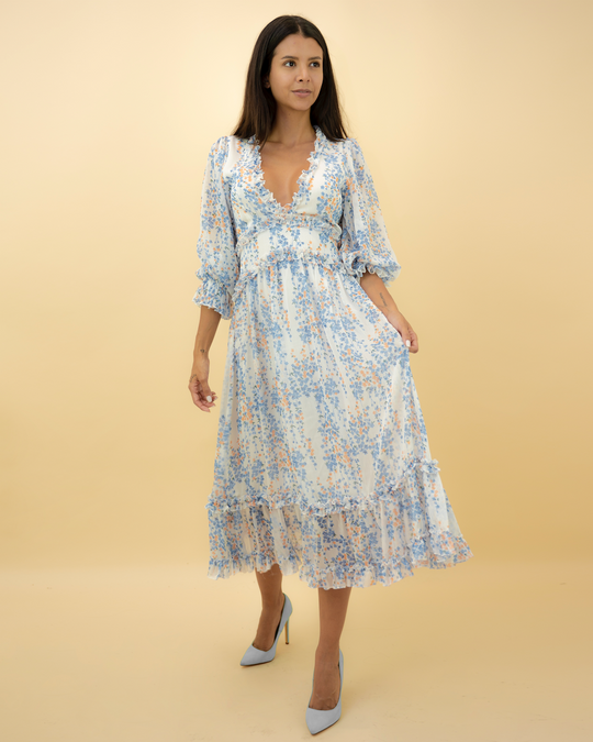 Fashion White Multi-Color Floral Print V-Neck Ruffle Maxi Dress