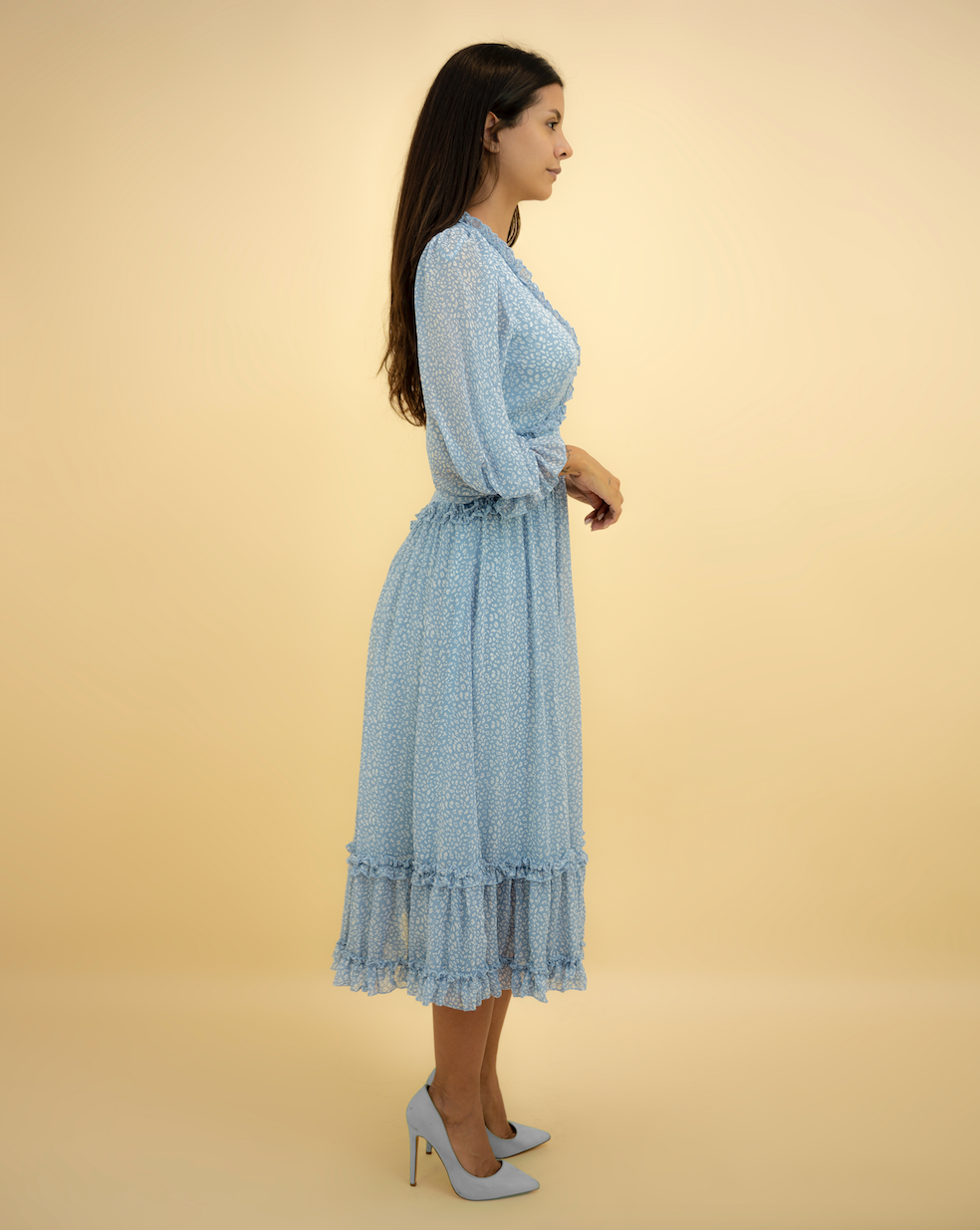 Fashion Blue Floral Print V-Neck Ruffle Maxi Dress