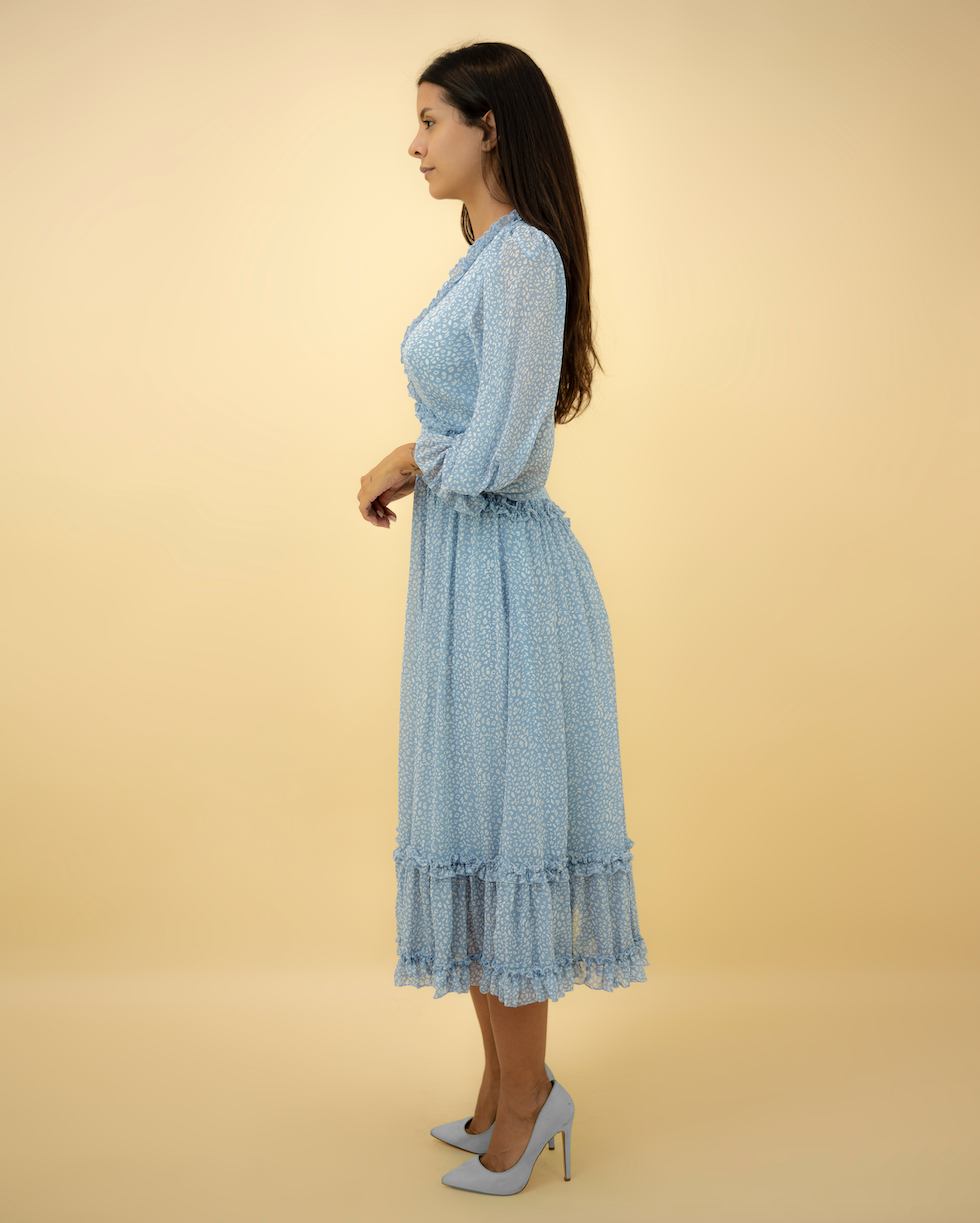 Fashion Blue Floral Print V-Neck Ruffle Maxi Dress