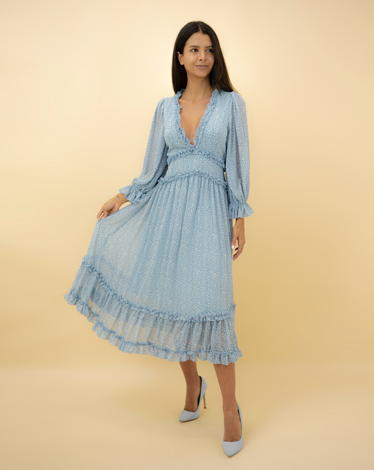 Fashion Blue Floral Print V-Neck Ruffle Maxi Dress