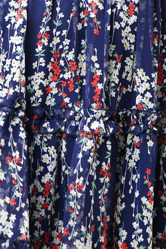Fashion Navy Multi-Color Floral Print V-Neck Ruffle Dress