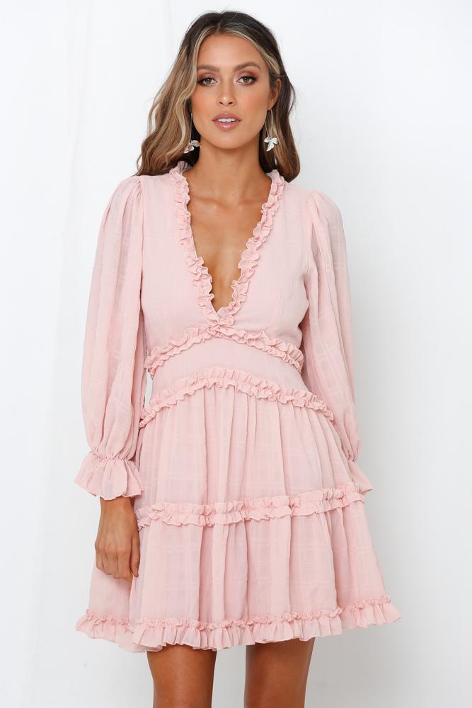 Fashion Light Pink Detailed Print V-Neck Ruffle Dress