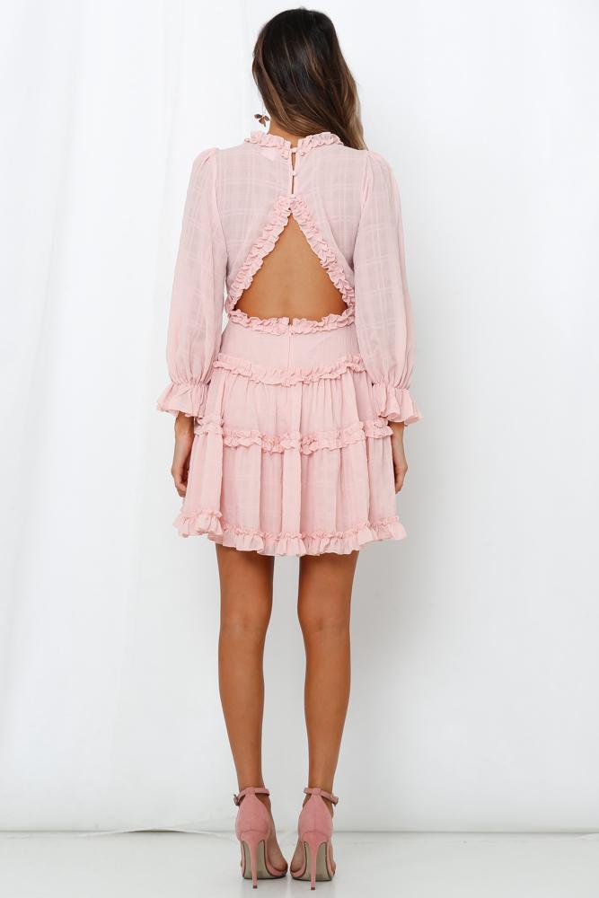 Fashion Light Pink Detailed Print V-Neck Ruffle Dress