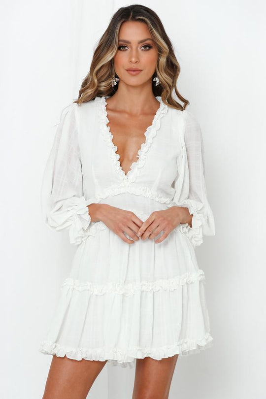 Fashion White Detailed Print V-Neck Ruffle Dress