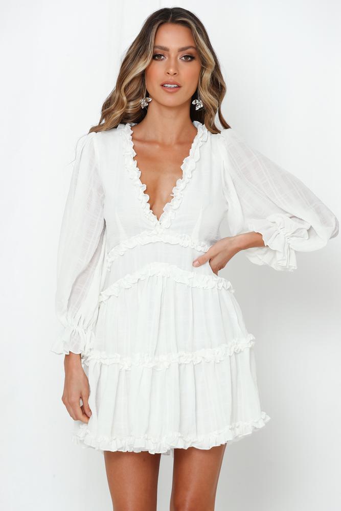 Fashion White Detailed Print V-Neck Ruffle Dress