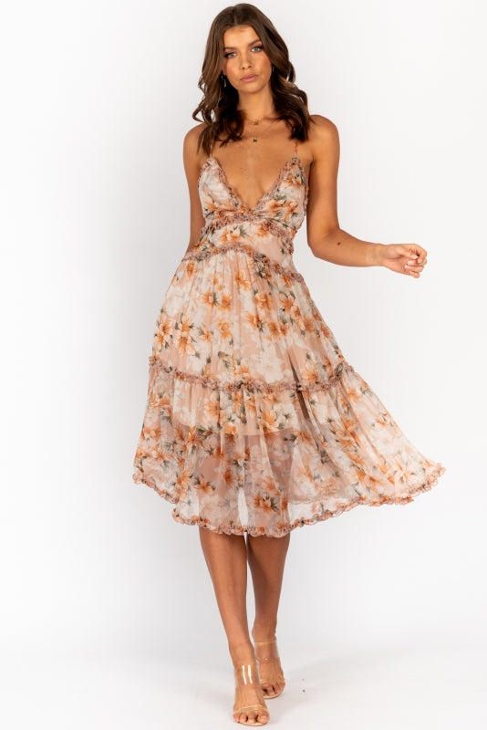 Fashion Strap Nude Multi-Color Floral Print V-Neck Ruffle Summer Dress