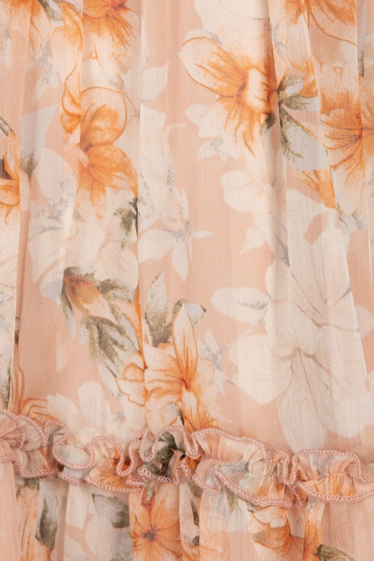 Fashion Strap Nude Multi-Color Floral Print V-Neck Ruffle Summer Dress