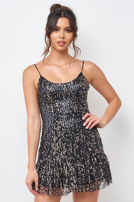Fashion Strap Black Ivory Sequence Ruffle Dress