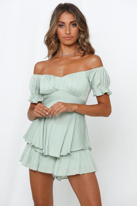 Elegant Off Shoulder Pistachio Tie-Up Ruffle Romper