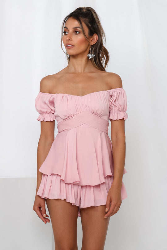 Elegant Off Shoulder Blush Tie-Up Ruffle Romper