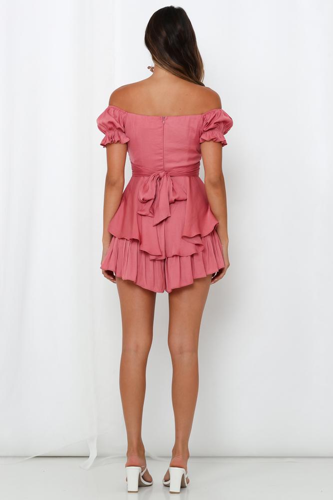 Elegant Off Shoulder Rose Satin Tie-Up Ruffle Romper