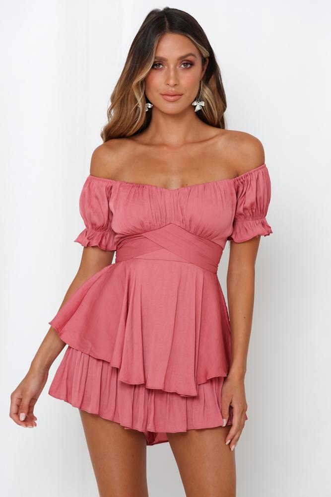 Elegant Off Shoulder Rose Satin Tie-Up Ruffle Romper