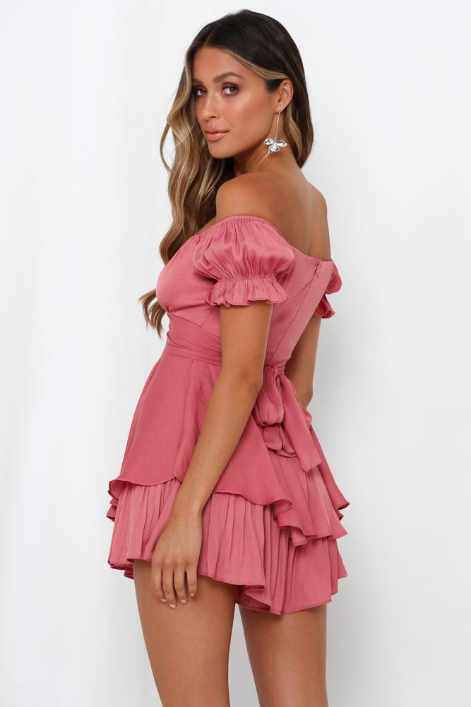 Elegant Off Shoulder Rose Satin Tie-Up Ruffle Romper