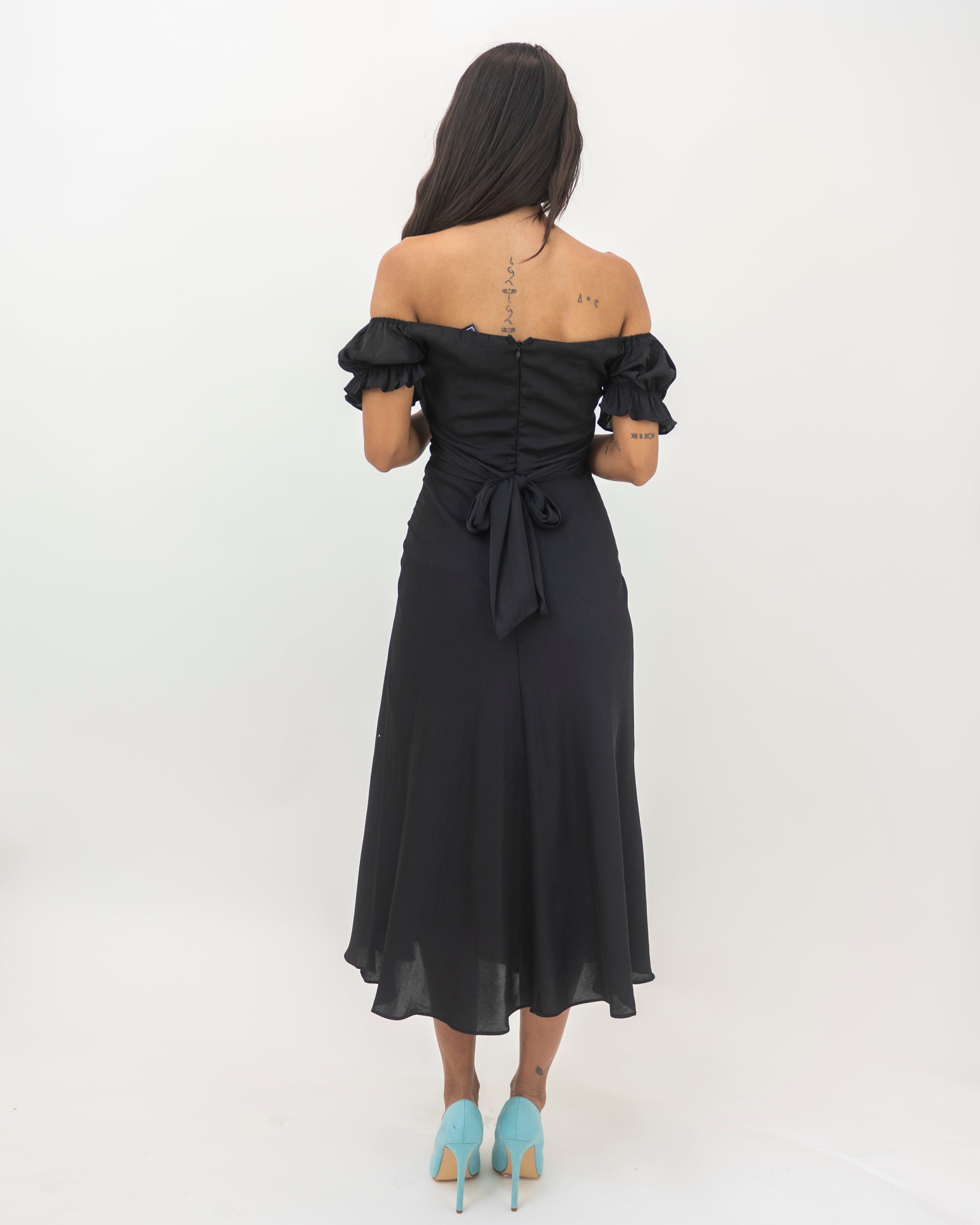 Elegant Off Shoulder Black Satin Tie-Up Ruffle Maxi Dress