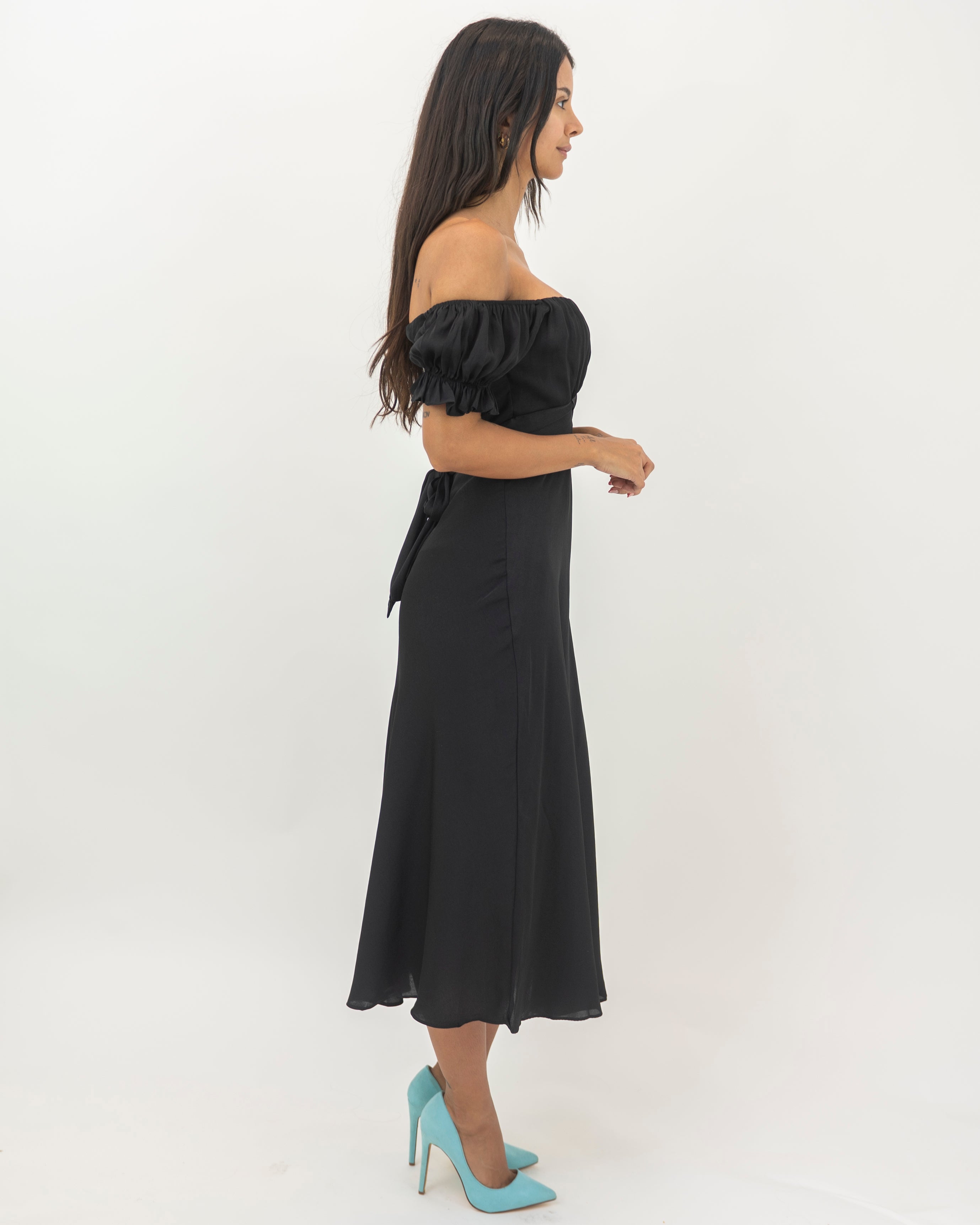 Elegant Off Shoulder Black Satin Tie-Up Ruffle Maxi Dress S / Black Elegant Off Shoulder Black Satin Tie-Up Ruffle Maxi Dress S / Black