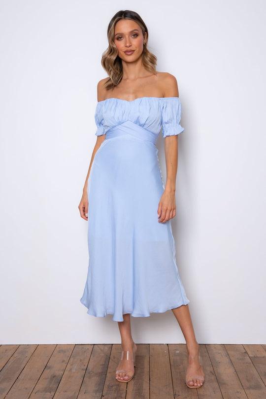 Elegant Off Shoulder Steel Blue Tie-Up Ruffle Maxi Dress