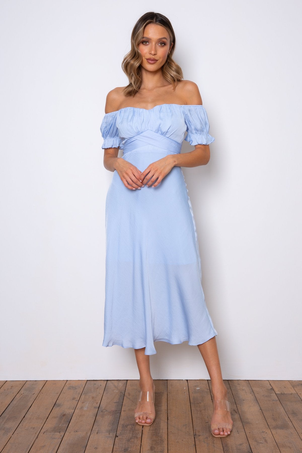 Elegant Off Shoulder Steel Blue Tie-Up Ruffle Maxi Dress EDITE MODE Elegant Off Shoulder Steel Blue Tie-Up Ruffle Maxi Dress EDITE MODE