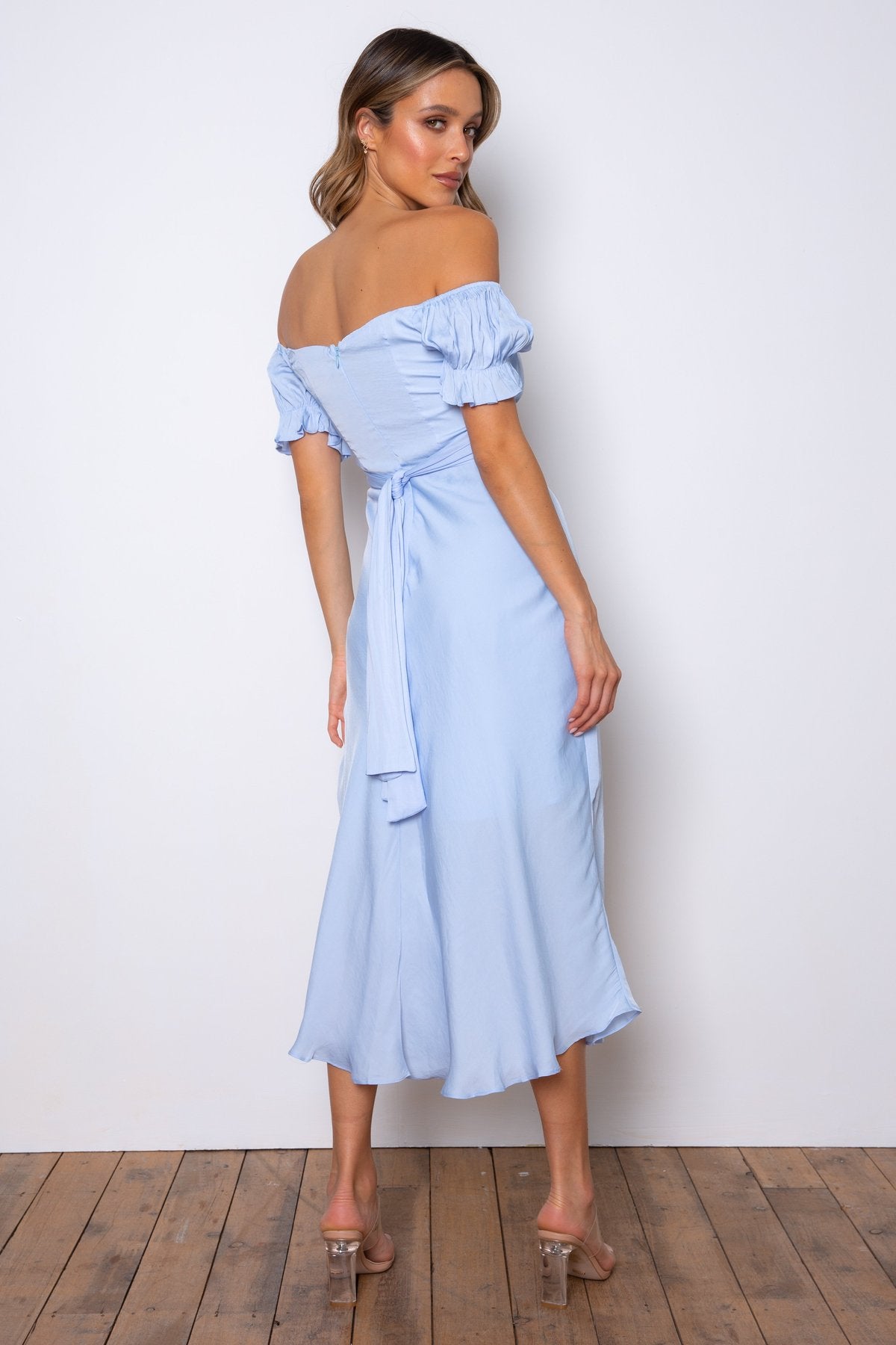 Elegant Off Shoulder Steel Blue Tie-Up Ruffle Maxi Dress