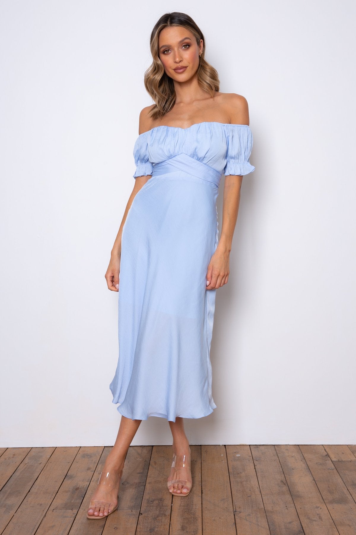 Elegant Off Shoulder Steel Blue Tie-Up Ruffle Maxi Dress EDITE MODE Elegant Off Shoulder Steel Blue Tie-Up Ruffle Maxi Dress EDITE MODE