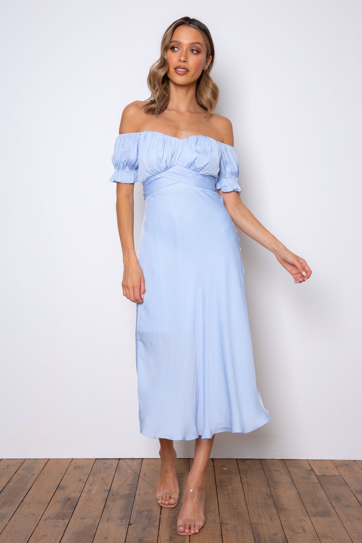 Elegant Off Shoulder Steel Blue Tie-Up Ruffle Maxi Dress EDITE MODE Elegant Off Shoulder Steel Blue Tie-Up Ruffle Maxi Dress EDITE MODE