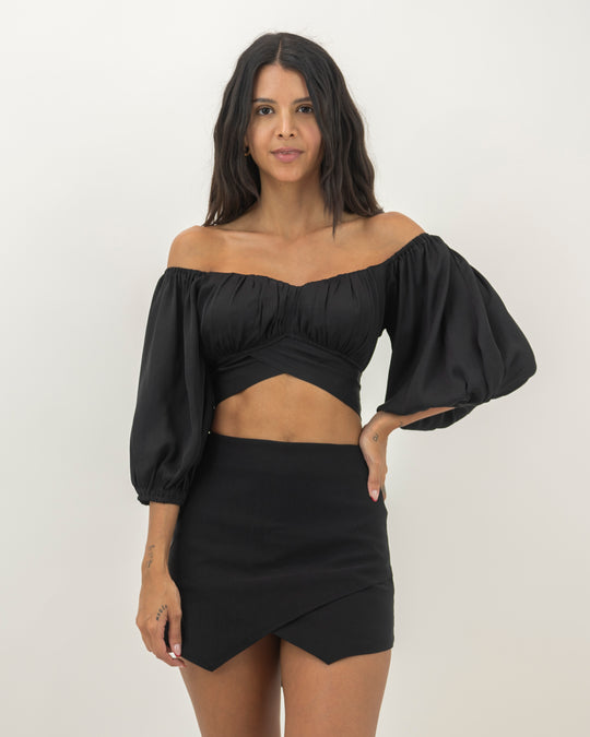 Elegant Off Shoulder Black Satin Tie-Up Ruffle Crop Top with Bell Sleeve