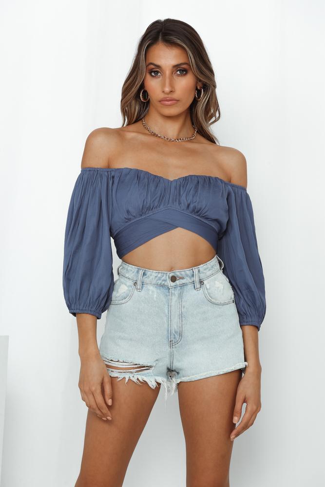 Elegant Off Shoulder Midnight Blue Satin Tie-Up Ruffle Crop Top with Bell Sleeve