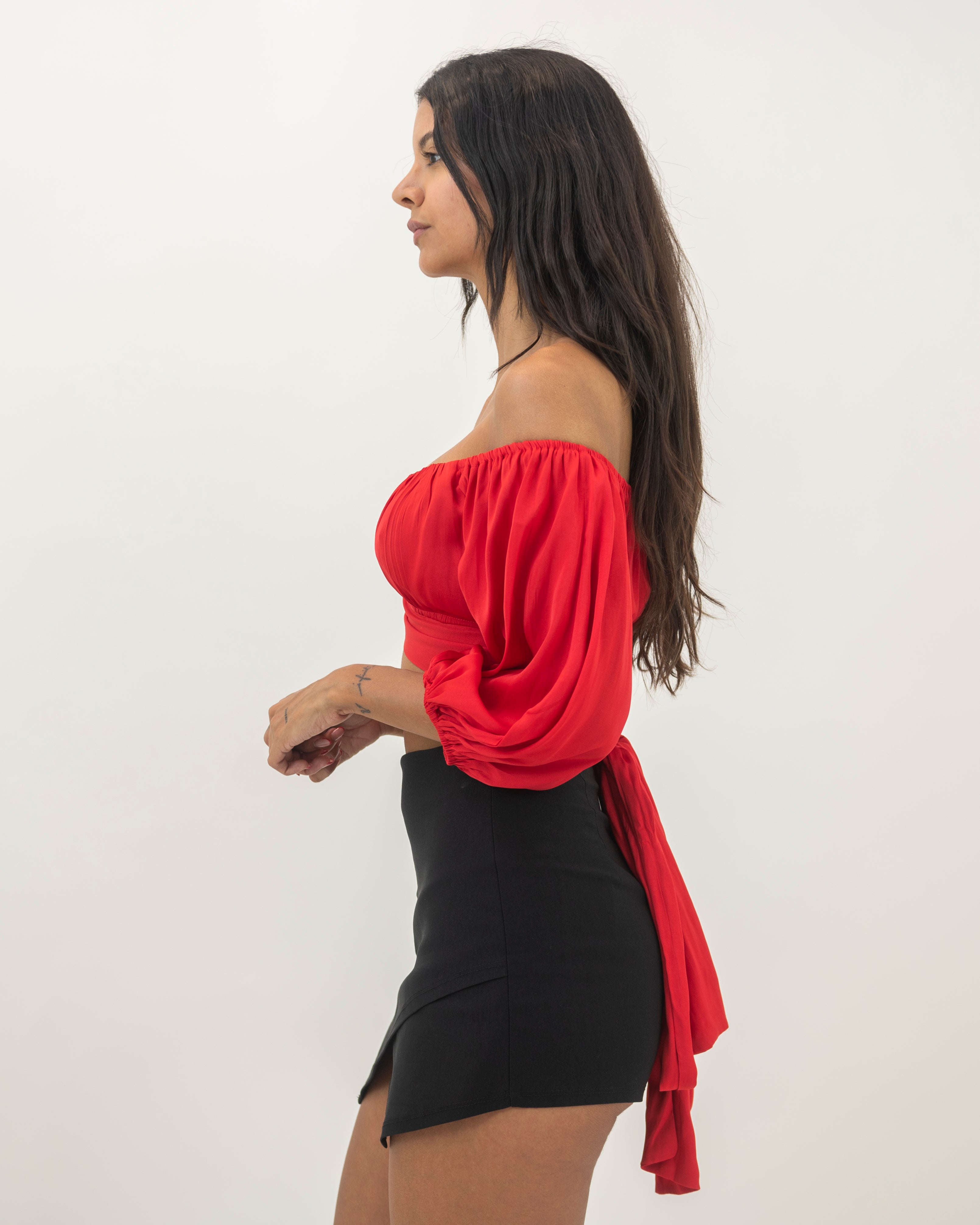 Elegant Off Shoulder Red Satin Tie-Up Ruffle Crop Top with Bell Sleeve